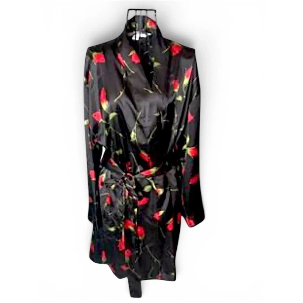 Vtg Y2K Victoria’s Secret Satin Rose Print Robe 2002 Black Silky Tie Front Robe